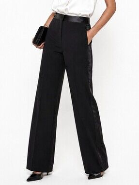 Muse Black Wide-Leg Satin-Trim Tuxedo Pants 16